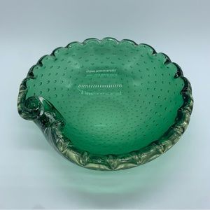 Vintage Green Murano Scalloped Crimped Edge Bullicante Art Glass Bowl